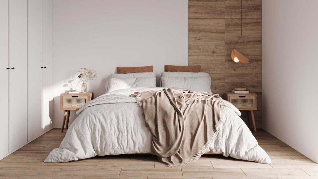 Модная гостинная в скандинавском стиле с большим телевизором