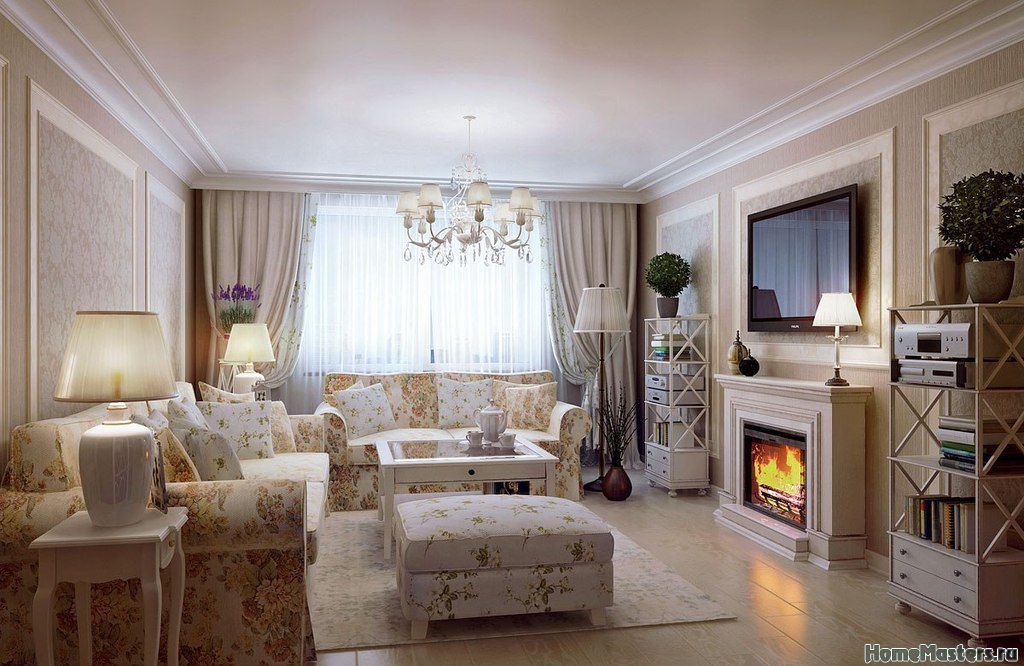 Фото 73 — Теплая гостиная с камином и диваном